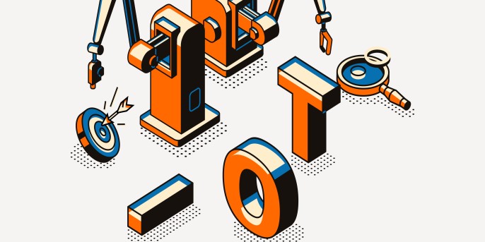 Illustration IOT-Buchstaben mit Maschinenteilen