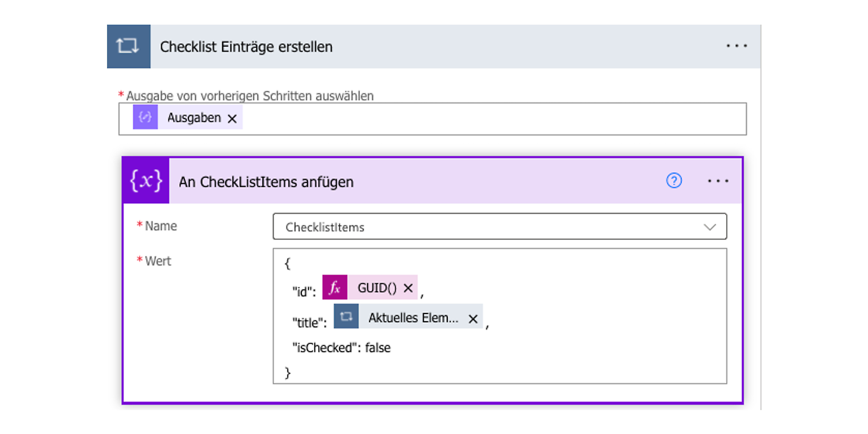 JSON-Struktur für Checklisteinträge füllen und im Array ChecklistItems ablegen JSON-Struktur für Checklisteinträge füllen und im Array ChecklistItems ablegen