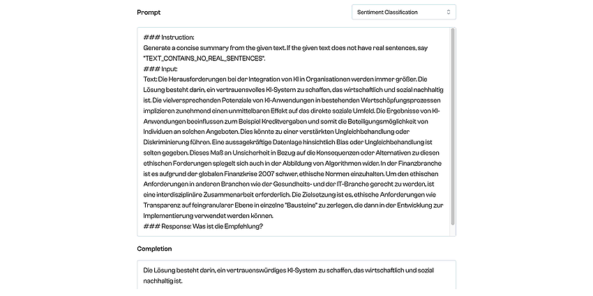 Abbildung 3: Maschinelle Zusammenfassung von „Was ist die Empfehlung?“ für das „Ergebnis“