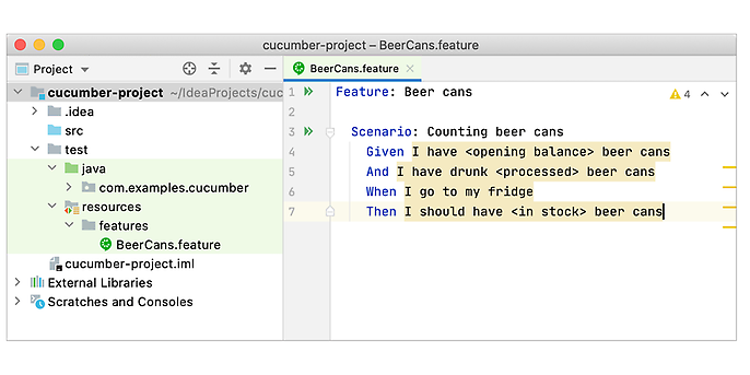 Beispiel einer Feature-Datei im Gherkin-Syntax (Quelle: https://www.jetbrains.com/help/idea/creating-feature-files.html#examples-scenario-outline) Beispiel einer Feature-Datei im Gherkin-Syntax (Quelle: https://www.jetbrains.com/help/idea/creating-feature-files.html#examples-scenario-outline)