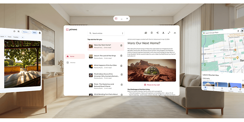 Mehrere verschiedene Android Apps nebeneinander im Raum im sogenannten “Home Space”-Modus, Quelle: https://developer.android.com/xr?hl=de